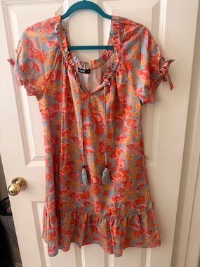 Boho Floral Tie-Front Mini Dress in Coral and Gray